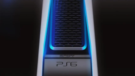 Das Bild zeigt die Vorderansicht einer Konsole, die futuristisch gestaltet ist und helle, leuchtende Akzente aufweist. Das Design wirkt minimalistisch und elegant, mit klaren Linien und einer glatten Oberfläche. Im oberen Bereich ist ein strukturiertes Muster sichtbar, das durch eine farbige Beleuchtung hervorgehoben wird. In der Mitte prangt das Logo von Sony zusammen mit der Modellbezeichnung PS6. Der Hintergrund ist dunkel gehalten, wodurch die Konsole ins Zentrum der Aufmerksamkeit rückt.