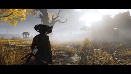 Das Bild zeigt eine beeindruckende Landschaft aus dem Spiel Ghost of Yōtei, in der ein Charakter mit einem großen Hut in eine mysteriöse, neblige Umgebung blickt. Um ihn herum sind grüne Graslandschaften und vereinzelte, verwitterte Holzhäuser zu sehen. Die Szene wird von einem sanften, diffusen Licht erhellt, das eine atmosphärische und ruhige Stimmung erzeugt. Die herbstlich gefärbten Blätter und die wolkenverhangene Kulisse tragen zur mystischen Atmosphäre des Spiels bei.