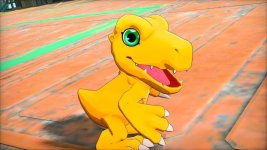 Das Bild zeigt ein digitales Monster, das als gelbes, dinosaurierähnliches Wesen dargestellt ist. Es hat große, runde Augen und ein breites Lächeln, das Freude und Verspieltheit ausstrahlt. Der Hintergrund besteht aus einer orangefarbenen Fläche mit grünen Linien, die möglicherweise eine Spielumgebung repräsentieren. Die lebendigen Farben und die fröhliche Pose des Monsters vermitteln den Eindruck von Abenteuer und Entdeckung, passend zum Thema von Digimon und dem bevorstehenden Spiel. Das Bild zeigt ein digitales Monster, das als gelbes, dinosaurierähnliches Wesen dargestellt ist. Es hat große, runde Augen und ein breites Lächeln, das Freude und Verspieltheit ausstrahlt. Der Hintergrund besteht aus einer orangefarbenen Fläche mit grünen Linien, die möglicherweise eine Spielumgebung repräsentieren. Die lebendigen Farben und die fröhliche Pose des Monsters vermitteln den Eindruck von Abenteuer und Entdeckung, passend zum Thema von Digimon und dem bevorstehenden Spiel.
