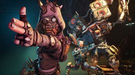 Das Bild zeigt mehrere charakteristische Figuren aus der Videospielreihe Borderlands. Im Vordergrund steht eine Figur mit einer kapuzenartige Kleidung, die eine aggressive Pose einnimmt und mit einer ausgestreckten Hand auf den Betrachter zeigt. Hinter ihr sind zwei weitere charaktervolle Roboter sichtbar, die jeweils unterschiedlich gestaltet sind. Sie scheinen dynamisch und lebendig zu sein, was den typischen, bunten und verspielten visuellen Stil von Borderlands widerspiegelt. Der Hintergrund scheint eine futuristische, leicht chaotische Umgebung darzustellen, die zur Abenteuergeschichte des Spiels passt. Das Bild zeigt mehrere charakteristische Figuren aus der Videospielreihe Borderlands. Im Vordergrund steht eine Figur mit einer kapuzenartige Kleidung, die eine aggressive Pose einnimmt und mit einer ausgestreckten Hand auf den Betrachter zeigt. Hinter ihr sind zwei weitere charaktervolle Roboter sichtbar, die jeweils unterschiedlich gestaltet sind. Sie scheinen dynamisch und lebendig zu sein, was den typischen, bunten und verspielten visuellen Stil von Borderlands widerspiegelt. Der Hintergrund scheint eine futuristische, leicht chaotische Umgebung darzustellen, die zur Abenteuergeschichte des Spiels passt.