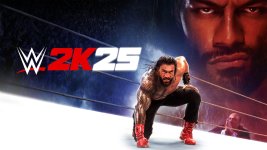 Das Bild zeigt eine dynamische Szene aus dem Spiel WWE 2K25, das sich auf Wrestling konzentriert. Im Vordergrund ist ein muskulöser Kämpfer in einer kraftvollen Pose zu sehen, der bereit ist für den Kampf. Er trägt auffällige rote Stiefel und hat einen entschlossenen Blick. Im Hintergrund sind charakteristische Elemente des Wrestlings zu erkennen, einschließlich einer Wrestling-Ringumgebung, die die Atmosphäre des Spiels verstärkt. Das Logo des Spiels in kräftigen Farben steht prominent auf der linken Seite, was die thematische Darstellung der Wrestling-Welt unterstreicht.