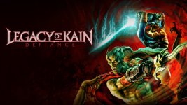 Das Bild zeigt das Cover des Spiels Legacy of Kain: Defiance. Es ist geprägt von intensivem rot und blau mit lebendigen Charakteren im Vordergrund. Der Hauptprotagonist Kain, ein vampirähnlicher Held, ist im Kampf zu sehen, während im Hintergrund eine dynamische Energiequelle leuchtet. Die Grafik vermittelt ein Gefühl von Dramatik und Action, passend zu den Themen von Intrige und Abenteuer im Spiel. Der Titel ist prominent platziert und hebt das mystische und düstere Flair des Spiels hervor.