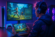 Das Bild zeigt einen Spieler, der in einer modernen Gaming-Umgebung sitzt. Er trägt Kopfhörer und schaut auf einen großen Bildschirm, auf dem das Spiel Arknights: Endfield abgebildet ist. In seiner Hand hält er ein Smartphone, auf dem dasselbe Spiel angezeigt wird. Die Atmosphäre ist in sanften Tönen gehalten, mit einer futuristischen und stylischen Beleuchtung, die das Gaming-Erlebnis unterstreicht. Neben dem Bildschirm stehen eine PlayStation 5 und ein PC, was auf die Vielseitigkeit des Spiels hinweist, das auf mehreren Plattformen spielbar ist.