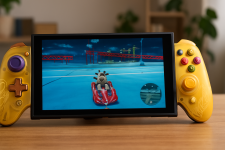 Das Bild zeigt einen Gaming-Controller, der auf beiden Seiten eines Bildschirms platziert ist. Der Bildschirm zeigt ein actionreiches Spiel mit einem Charakter, der in einem roten Go-Kart fährt. Der Controller hat ein auffälliges, transparentes goldfarbenes Design mit verschiedenen Steuerungselementen in unterschiedlichen Farben. Der Hintergrund des Bildes ist in sanften Blautönen gehalten, die dem gesamten Bild eine moderne und ansprechende Atmosphäre verleihen. Der Controller ist ergonomisch geformt und scheint gut in der Hand zu liegen, was auf ein komfortables Spielerlebnis hindeutet.