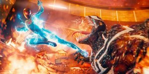 Das Bild zeigt eine dynamische Kampfszene aus einem Videospiel, in der eine Figur in einem leuchtend blauen Spider-Man-Anzug mit elektrischen Effekten gegen einen bedrohlich aussehenden Venom kämpft. Der Hintergrund ist von Chaos geprägt, mit rauchenden Trümmern und einem feurigen Szenario, das die Intensität des Kampfes unterstreicht. Die Action ist spannungsgeladen, da Spider-Man mit einer schlagenden Bewegung auf Venom einwirkt, der aggressive Züge zeigt. Die grafische Darstellung ist detailreich und vermittelt eine aufregende Atmosphäre, die das Spielerlebnis widerspiegelt. Das Bild zeigt eine dynamische Kampfszene aus einem Videospiel, in der eine Figur in einem leuchtend blauen Spider-Man-Anzug mit elektrischen Effekten gegen einen bedrohlich aussehenden Venom kämpft. Der Hintergrund ist von Chaos geprägt, mit rauchenden Trümmern und einem feurigen Szenario, das die Intensität des Kampfes unterstreicht. Die Action ist spannungsgeladen, da Spider-Man mit einer schlagenden Bewegung auf Venom einwirkt, der aggressive Züge zeigt. Die grafische Darstellung ist detailreich und vermittelt eine aufregende Atmosphäre, die das Spielerlebnis widerspiegelt.