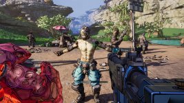 Das Bild zeigt eine dynamische Spielsituation aus Borderlands 4. Im Vordergrund sieht man einen Charakter mit einer markanten Maske und freiem Oberkörper, der in einer entspannten Pose mit offenem Arm gehalten wird. Der Charakter trägt eine lockere Kleidung und scheint sich in einer interaktiven Umgebung zu befinden. Hinter ihm sind weitere Figuren und eine lebendige Landschaft zu erkennen, die mit Pflanzen und einer Wasserstelle gestaltet ist. Die Grafik wirkt cartoonhaft und farbenfroh, was typisch für die Borderlands-Reihe ist. Im Bild sind zudem einige Spielobjekte wie eine Waffe sichtbar sowie Details, die auf eine lebendige Community und kooperative Spielmechaniken hindeuten.