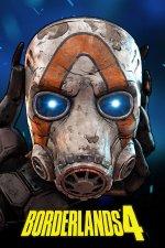 Das Bild zeigt eine stylisierte Maske mit orangefarbenen Streifen und leuchtenden Augen. Die Maske hat eine abgenutzte, metallische Oberfläche und wirkt futuristisch. Im Hintergrund ist ein blauer Farbverlauf zu sehen, der die maskuline Ästhetik unterstreicht. Unter der Maske befindet sich der Schriftzug BORDERLANDS 4 in kräftiger, gelber Schrift. Das gesamte Bild vermittelt eine dynamische und abenteuerliche Atmosphäre, die typisch für die Borderlands-Spielreihe ist.