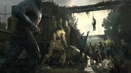 Das Bild zeigt eine düstere und bedrückende Szene aus einer post-apokalyptischen Umgebung. Im Vordergrund sind mehrere Zombies zu sehen, die hungrig auf eine menschliche Figur zusteuern, die an einem Gerüst hängt. Die Szenerie ist von einer düsteren Stimmung geprägt, mit grauem Himmel und leichtem Regen, was die bedrückende Atmosphäre verstärkt. Die Vegetation ist überwuchert und trägt zur unheimlichen Umgebung bei. Im Hintergrund sind verfallene Strukturen zu erkennen, die die Geisterstadt-Ästhetik unterstreichen. Die gesamte Komposition vermittelt ein Gefühl von Gefahr und Verzweiflung in einer von Zombies überrannten Welt.