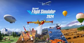 Das Bild zeigt ein farbenfrohes und dynamisches Szenario aus dem Microsoft Flight Simulator 2024. In der Mitte ist ein gelbes Flugzeug zu sehen, das über ein Gewässer fliegt, während im Hintergrund hohe Berge und grüne Landschaften zu erkennen sind. Rund um das Flugzeug schweben mehrere Heißluftballons und andere Flugobjekte, darunter ein Zeppelin und ein Hubschrauber. Die Grafik wirkt lebendig und detailreich, was auf die hohe Qualität des Spiels hinweist. Oben rechts steht der Titel des Spiels in einem modernen Schriftzug, der die Aufmerksamkeit auf sich zieht und das aufregende Thema der Luftfahrt unterstreicht.