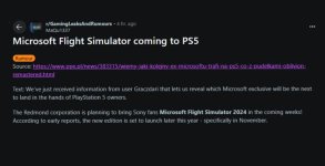 Das Bild zeigt einen Screenshot von einem Online-Forum oder Reddit-Post, der über das Gerücht informiert, dass Microsoft Flight Simulator 2024 für die PlayStation 5 erscheinen wird. Der Beitrag enthält einen Hinweis auf die Quelle der Informationen und erwähnt, dass das Spiel in den kommenden Wochen an die PlayStation-Spieler gelangen könnte. Gleichzeitig wird darauf hingewiesen, dass ein offizielles Statement zur PS5-Version bisher aussteht. Der Post erweckt anhaltendes Interesse bei der Gaming-Community und diskutiert die mögliche Ankündigung im Rahmen eines PlayStation Events.