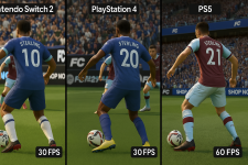 Das Bild zeigt einen direkten Vergleich der Grafik in EA Sports FC 26 auf drei verschiedenen Konsolen: der Nintendo Switch 2, der PlayStation 4 und der PlayStation 5. Links ist die Nintendo Switch 2 zu sehen, die mit 30 FPS läuft, gefolgt von der PlayStation 4, die ebenfalls bei 30 FPS bleibt. Rechts präsentiert sich die PlayStation 5, die mit 60 FPS läuft und deutlich flüssigere Animationen bietet. Die Unterschiede in der visuellen Darstellung, wie Auflösung und Detailtreue, werden durch die Anordnung der Bilder verdeutlicht. Die Spieler sind in dynamischen Posen dargestellt, wobei die PS5 die beste grafische Leistung zeigt, während die Switch 2 und PS4 hier im Vergleich abfallen.