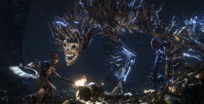 Das Bild zeigt eine düstere und geheimnisvolle Szene aus einem Action-RPG. Im Vordergrund ist ein Charakter zu sehen, der eine große, scharfe Waffe schwingt. Der Charakter trägt eine Art dunkle, verwitterte Kleidung und hat eine energische Haltung. Im Hintergrund taucht eine monsterartige Kreatur auf, die einen schaurigen Kopf mit leuchtenden Augen und eine groteske, strukturelle Form hat. Die gesamte Atmosphäre ist von intensiven, dunklen Farben geprägt, die ein Gefühl von Gefahr und Unheimlichkeit vermitteln. Die Komposition erzeugt Spannung und weckt das Interesse am Kampf zwischen dem Charakter und dem Monster. Das Bild zeigt eine düstere und geheimnisvolle Szene aus einem Action-RPG. Im Vordergrund ist ein Charakter zu sehen, der eine große, scharfe Waffe schwingt. Der Charakter trägt eine Art dunkle, verwitterte Kleidung und hat eine energische Haltung. Im Hintergrund taucht eine monsterartige Kreatur auf, die einen schaurigen Kopf mit leuchtenden Augen und eine groteske, strukturelle Form hat. Die gesamte Atmosphäre ist von intensiven, dunklen Farben geprägt, die ein Gefühl von Gefahr und Unheimlichkeit vermitteln. Die Komposition erzeugt Spannung und weckt das Interesse am Kampf zwischen dem Charakter und dem Monster.