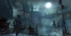 Das Bild zeigt eine düstere, neblige Stadtansicht aus dem Spiel Bloodborne. Im Vordergrund steht ein Jäger in einem langen, dunklen Mantel, der mit einer Waffe ausgestattet ist. Um ihn herum sind alte Straßenlaternen zu sehen, die schwaches Licht spenden. Im Hintergrund erheben sich beeindruckende, gotische Gebäude, die von einer geheimnisvollen Atmosphäre umgeben sind. Der Mond leuchtet am Himmel und verstärkt die melancholische Stimmung der Szene. Diese Darstellung spiegelt die charakteristische, unheimliche Welt von Bloodborne wider, die Fans des Spiels fasziniert. Das Bild zeigt eine düstere, neblige Stadtansicht aus dem Spiel Bloodborne. Im Vordergrund steht ein Jäger in einem langen, dunklen Mantel, der mit einer Waffe ausgestattet ist. Um ihn herum sind alte Straßenlaternen zu sehen, die schwaches Licht spenden. Im Hintergrund erheben sich beeindruckende, gotische Gebäude, die von einer geheimnisvollen Atmosphäre umgeben sind. Der Mond leuchtet am Himmel und verstärkt die melancholische Stimmung der Szene. Diese Darstellung spiegelt die charakteristische, unheimliche Welt von Bloodborne wider, die Fans des Spiels fasziniert.