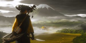 Das Bild zeigt eine beeindruckende Landschaft mit einem großen Berg im Hintergrund, der von Wolken und Nebel umgeben ist. Im Vordergrund steht eine Figur, die in traditioneller japanischer Kleidung gekleidet ist und ein Schwert bei sich hat. Diese Darstellung vermittelt eine Atmosphäre der Erhabenheit und des Abenteuers, während die natürlichen Elemente und die dramatische Himmelstimmung den Fokus auf die Verbindung zwischen Mensch und Natur legen. Die Szenerie könnte aus einem Spiel stammen, das sich mit Samurai-Themen beschäftigt und gleichzeitig eine fesselnde, visuelle Erfahrung bietet.