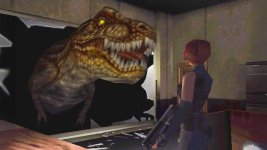 Das Bild zeigt eine dramatische Szene aus einem Videospiel. Im Vordergrund ist eine weibliche Figur zu sehen, die eine Waffe hält und einem großen Dinosaurier gegenübersteht. Der Dinosaurier hat ein bedrohliches Gesicht und ist teilweise in eine Wand eingebrochen. Die Umgebung wirkt düster und unheimlich, was die Spannung der Situation unterstreicht. Die Grafik erinnert an die Ästhetik älterer Spiele, was das nostalgische Gefühl verstärkt und auf das Survival-Horror-Genre hinweist. Das Bild zeigt eine dramatische Szene aus einem Videospiel. Im Vordergrund ist eine weibliche Figur zu sehen, die eine Waffe hält und einem großen Dinosaurier gegenübersteht. Der Dinosaurier hat ein bedrohliches Gesicht und ist teilweise in eine Wand eingebrochen. Die Umgebung wirkt düster und unheimlich, was die Spannung der Situation unterstreicht. Die Grafik erinnert an die Ästhetik älterer Spiele, was das nostalgische Gefühl verstärkt und auf das Survival-Horror-Genre hinweist.