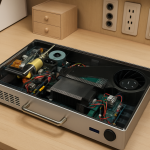 Das Bild zeigt eine modifizierte Version einer PlayStation 5, die in ein kompaktes Gehäuse integriert wurde. Die Konsole ist in einem eleganten Aktenkoffer-Design untergebracht, das durch eine transparente Abdeckung Einblick in die interne Hardware gewährt. Sichtbar sind die Hauptplatine, verschiedene Kühlkomponenten und ein Lüfter, die für optimale Leistung und Temperaturregulierung sorgen. Das Gehäuse ist mit Anschlüssen wie USB-Ports ausgestattet und vermittelt den Eindruck eines durchdachten Designs, das sowohl Funktionalität als auch Mobilität vereint. Auf dem Tisch im Hintergrund sind weitere Gegenstände wie ein Lautsprecher und kleine Aufbewahrungsbehälter zu erkennen, was die technische Umgebung unterstreicht. Das Bild zeigt eine modifizierte Version einer PlayStation 5, die in ein kompaktes Gehäuse integriert wurde. Die Konsole ist in einem eleganten Aktenkoffer-Design untergebracht, das durch eine transparente Abdeckung Einblick in die interne Hardware gewährt. Sichtbar sind die Hauptplatine, verschiedene Kühlkomponenten und ein Lüfter, die für optimale Leistung und Temperaturregulierung sorgen. Das Gehäuse ist mit Anschlüssen wie USB-Ports ausgestattet und vermittelt den Eindruck eines durchdachten Designs, das sowohl Funktionalität als auch Mobilität vereint. Auf dem Tisch im Hintergrund sind weitere Gegenstände wie ein Lautsprecher und kleine Aufbewahrungsbehälter zu erkennen, was die technische Umgebung unterstreicht.