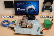 Das Bild zeigt eine modifizierte PlayStation 5, die im Zentrum des Geschehens steht. Auf einem Tisch liegt das PS5-Mainboard, zu dem verschiedene Komponenten wie ein Kühlsystem mit Heat Sink und Ventilator gehören. Im Hintergrund ist ein Bildschirm zu sehen, der ein Spielmenü anzeigt, während Kabel und Anschlüsse sichtbar sind, die zur technischen Ausstattung der tragbaren Konsole gehören. Insgesamt vermittelt das Bild den Eindruck einer innovativen DIY-Lösung, die die PS5 mobil und benutzerfreundlich macht. Das Bild zeigt eine modifizierte PlayStation 5, die im Zentrum des Geschehens steht. Auf einem Tisch liegt das PS5-Mainboard, zu dem verschiedene Komponenten wie ein Kühlsystem mit Heat Sink und Ventilator gehören. Im Hintergrund ist ein Bildschirm zu sehen, der ein Spielmenü anzeigt, während Kabel und Anschlüsse sichtbar sind, die zur technischen Ausstattung der tragbaren Konsole gehören. Insgesamt vermittelt das Bild den Eindruck einer innovativen DIY-Lösung, die die PS5 mobil und benutzerfreundlich macht.