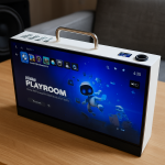 Das Bild zeigt eine modifizierte Spielkonsole, die in ein tragbares Gehäuse integriert ist. Sie besitzt ein eingebautes 15,6-Zoll-Display, das für ein mobiles Gaming-Erlebnis sorgt. Das Design ist modern und kompakt, mit einem Griff an der Oberseite für einfache Tragbarkeit. Auf dem Bildschirm ist das Interface eines Spiels angezeigt, was darauf hinweist, dass die Konsole einsatzbereit ist. Im Hintergrund sind kabelgebundene Geräte und eine Lautsprecherbox sichtbar, die eine technische Umgebung schaffen. Diese innovative Konsole kombiniert Funktionalität und Mobilität, sodass Spieler überall zocken können. Das Bild zeigt eine modifizierte Spielkonsole, die in ein tragbares Gehäuse integriert ist. Sie besitzt ein eingebautes 15,6-Zoll-Display, das für ein mobiles Gaming-Erlebnis sorgt. Das Design ist modern und kompakt, mit einem Griff an der Oberseite für einfache Tragbarkeit. Auf dem Bildschirm ist das Interface eines Spiels angezeigt, was darauf hinweist, dass die Konsole einsatzbereit ist. Im Hintergrund sind kabelgebundene Geräte und eine Lautsprecherbox sichtbar, die eine technische Umgebung schaffen. Diese innovative Konsole kombiniert Funktionalität und Mobilität, sodass Spieler überall zocken können.