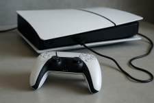 Das Bild zeigt eine PlayStation 5 Konsole, die auf einer Oberfläche platziert ist, neben einem Controller. Die Konsole hat ein modernes, elegantes Design mit einer überwiegend weißen und schwarzen Farbgebung. Der Controller ist ebenfalls in den Farben Schwarz und Weiß gehalten und verbindet sich über ein Kabel mit der Konsole. Die Umgebung wirkt schlicht und aufgeräumt, was den Fokus auf die Gaming-Ausrüstung lenkt.