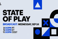 Das Bild annonciert die nächste Ausgabe von State of Play, die am 24. September stattfindet. Es zeigt zentrale Informationen wie das Datum und die Uhrzeiten in verschiedenen Zeitzonen. Die Gestaltung ist modern und minimalistisch, im Hintergrund sind geometrische Formen in Blau und Schwarz auf einem hellen Untergrund zu sehen. Der PlayStation-Logo ist ebenfalls prominent platziert. Die Aufmachung vermittelt eine spannende Vorfreude auf die bevorstehenden Ankündigungen und Updates zu neuen Spielen.