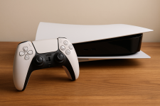 Das Bild zeigt eine PlayStation 5, die auf einem hölzernen Untergrund platziert ist. Neben der Konsole liegt ein DualSense-Controller. Die PS5 hat ein modernes, geschwungenes Design mit einer weißen und schwarzen Farbgestaltung. Der Hintergrund ist unscharf, was den Fokus auf die Konsole und den Controller lenkt. Die gesamte Anordnung vermittelt einen minimalistischen und zeitgemäßen Look.
