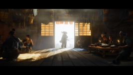Das Bild zeigt eine eindrucksvolle Szenerie aus dem Spiel Ghost of Yōtei. In einem traditionellen Raum mit Holzboden und sanften Lichtstrahlen steht eine verkleidete Figur im Vordergrund, die mit einem großen Hut und Waffen ausgestattet ist. Diese Figur steht im Mittelpunkt des Geschehens, während einige Charaktere am Boden um einen Tisch versammelt sind. Sie scheinen eine entspannte Atmosphäre zu genießen, während einer von ihnen ein Musikinstrument spielt. Der Hintergrund ist von einem warmen Licht durchflutet, das durch die Fenster strömt und dem Bild eine mystische Note verleiht. Die gesamte Komposition vermittelt ein Gefühl von Abenteuer und Tradition.