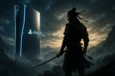 Das Bild zeigt eine beeindruckende Szenerie, in der ein Krieger mit einem Schwert in der Hand in Richtung einer PlayStation 5 Konsole blickt. Die Konsole erhebt sich majestätisch im Hintergrund, umgeben von dramatischen Wolken und einem mystischen Licht, das die Atmosphäre verstärkt. Der Krieger ist in aufwendiger Rüstung gekleidet und scheint nachdenklich in die Ferne zu schauen, als ob er sich auf ein bevorstehendes Abenteuer vorbereitet. Die gesamte Komposition vermittelt ein Gefühl von Epik und Erwartung, passend zum bevorstehenden Action-Adventure Ghost of Yotei.