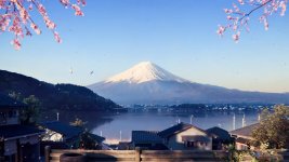 Das Bild zeigt eine atemberaubende Landschaft mit dem majestätischen Mount Fuji im Hintergrund. Der Berg ist schneebedeckt und hebt sich klar vor dem strahlend blauen Himmel ab. Im Vordergrund befinden sich traditionelle japanische Häuser, die von zarten Kirschblüten umrahmt werden. Diese sorgen für eine romantische Atmosphäre und verleihen dem Gesamtbild einen Hauch von Frühling. Der ruhige See spiegelt die ruhige Idylle und die umgebende Natur wider, während die sanften Hügel im Hintergrund die Szenerie ergänzen.
