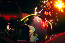 Das Bild zeigt eine dynamische Szene aus einem Videospiel, in der eine Protagonistin mit einem schwertähnlichen Gegenstand kämpft. Sie trägt einen langen Mantel und hat eine gelbe Schleife, die im Wind weht. Im Hintergrund sind grafische Effekte zu sehen, die Explosionen und blutige Spritzer darstellen, was die actionreiche Atmosphäre unterstreicht. Die Farbpalette der Grafik ist lebendig und kontrastreich, mit intensiven Rottönen und leuchtendem Gelb, was dem Bild eine energiegeladene und dramatische Stimmung verleiht. Die gesamte Komposition vermittelt den Eindruck von Bewegung und Spannung, typisch für ein Actionspiel im Metroidvania-Stil.
