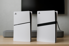 Das Bild zeigt zwei PlayStation-Konsolen, die nebeneinander auf einem Tisch stehen. Beide Konsolen sind im typischen modernen Design gehalten und in einem weißen Farbton mit dunklen Akzenten. Im Hintergrund ist ein schwarzer Bildschirm zu sehen, der die technische Umgebung betont. Das Bild vermittelt ein Gefühl von Gaming und Technologie, ideal passend zu einem Thema über das Teilen von Spielen und den Zugriff auf digitale Inhalte.