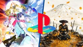 Das Bild zeigt eine dynamische Komposition mit zwei verschiedenen Gaming-Welten. Auf der linken Seite sind bunte Anime-Charaktere mit einem futuristischen Hintergrund zu sehen, während die rechte Seite eine beeindruckende Landschaft zeigt, die den Fuji-Berg in herbstlichen Farben darstellt. In der Mitte ist das PlayStation-Logo platziert, das symbolisch die Verbindung zwischen diesen beiden unterschiedlichen Gaming-Universen hervorhebt. Diese Darstellung könnte das vielfältige Spieleangebot für die PlayStation verdeutlichen und die Vorfreude auf kommende Releases anheizen.