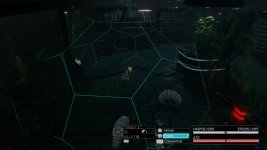 Das Bild zeigt eine Szene aus dem Spiel Parasite Mutant. Die Spielumgebung ist düster und bietet einen futuristischen Touch mit neonfarbenen Linien, die das Kampfsystem visualisieren. Im Vordergrund sieht man die Hauptfigur Nova, die sich crouchend auf einen Gegner vorbereitet, während in der Nähe mutierte Kreaturen lauern. Die Atmosphäre vermittelt ein Gefühl von Bedrohung und Spannung, unterstützt durch die detailreiche Umgebung mit Pflanzen und mechanischen Elementen im Hintergrund. Das UI ist klar strukturiert und gibt wichtige Informationen zum Kampfstatus und den verfügbaren Aktionen.