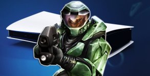 Das Bild zeigt einen ikonischen Charakter in einer futuristischen Rüstung, der eine Waffe hält. Im Hintergrund ist eine Spielkonsole sichtbar, die modern und elegant wirkt. Die gesamte Szene ist in einem blauen Farbton gehalten, was eine dynamische und technologielastige Atmosphäre schafft. Der Charakter scheint auf einen Spieler zu zielen, was Spannung und Action vermittelt. Das Bild spiegelt das Thema eines Sci-Fi-Spiels wider und weckt Interesse an einer möglichen Neuauflage eines klassischen Spieltitels.