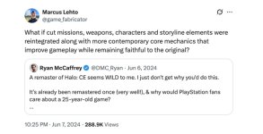 In dem Bild sehen wir zwei Tweets, die sich mit der Diskussion über ein mögliches Remake von Halo: Combat Evolved befassen. Der erste Tweet stammt von Marcus Lehto, einem der Schöpfer von Halo, der darüber nachdenkt, ob gekürzte Missionsinhalte, Waffen und Charaktere zusammen mit modernen Gameplay-Mechaniken in das Remake integriert werden könnten, ohne den ursprünglichen Geist des Spiels zu verlieren. Der zweite Tweet ist von Ryan McCaffrey, der seine Skepsis gegenüber der Notwendigkeit eines Remakes äußert und sich fragt, warum PlayStation-Fans sich überhaupt für ein 25 Jahre altes Spiel interessieren sollten. Beide Tweets reflektieren die gemischte Stimmung in der Gaming-Community über eine mögliche Neuauflage des Klassikers.