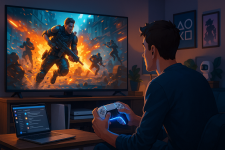 Das Bild zeigt einen Spieler, der vor einem Fernseher sitzt und intensives Gaming erlebt. Auf dem Bildschirm ist eine actionreiche Spielsituation mit einem Charakter zu sehen, der mit einem Gewehr in die Schlacht zieht, während Explosionen im Hintergrund sichtbar sind. Der Spieler hält einen modernen Controller in der Hand, der blau leuchtet, was auf den DualSense-Controller der PS5 hinweist. Neben dem Fernseher steht ein Laptop, auf dem eine Benutzeroberfläche sichtbar ist, die vermutlich für Chat oder Gaming-Communities genutzt wird. Die allgemeine Atmosphäre ist dimm und gemütlich, mit dekorativen Elementen im Raum, die die Leidenschaft für Gaming unterstreicht.
