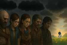Das Bild zeigt eine melancholische Szene, die von Trauer und Verlust geprägt ist. Fünf Charaktere stehen in einer Reihe, mit gesenkten Köpfen und traurigen Mienen. Der Himmel ist düster und von dunklen Wolken bedeckt, während Regen auf die Szene fällt, was die bedrückende Stimmung verstärkt. In der Mitte der Gruppe sieht man eine Figur in der Mitte, die helle Farben trägt und lächelt, was einen Kontrast zu den anderen Charakteren bildet. Dieses Bild vermittelt starke emotionale Themen und reflektiert die komplexen Geschichten, die in Videospielen oft behandelt werden.