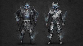 Das Bild zeigt zwei charakteristische Krieger in aufwendiger Rüstung, die für das Spiel Nioh 3 entworfen wurden. Auf der linken Seite steht ein Samurai mit traditioneller Rüstung und Katana, während er kraftvoll und entschlossen wirkt. Rechts sehen wir einen Ninja in einer flexiblen, schlichten Kleidung, der ebenfalls bereit für den Kampf ist. Beide Figuren sind mit leuchtenden, mystischen Effekten umgeben, was ihre übernatürlichen Fähigkeiten andeutet. Der Hintergrund ist dunkel und verleiht dem Gesamtbild eine epische Atmosphäre, die zur Kampfkunst und der Geschichte des Spiels passt.