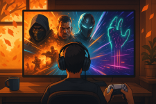 Das Bild zeigt eine Person, die vor einem Bildschirm sitzt und ein Videospiel spielt. Die Szene ist in warmen Herbsttönen gehalten, und im Hintergrund sind bunte, dynamische Grafiken von Charakteren und explosiven Action-Momenten zu sehen. Die Person trägt Kopfhörer und hält einen Gamecontroller. Auf dem Tisch neben dem Monitor steht eine Tasse. Die Atmosphäre vermittelt Begeisterung und Konzentration, während draußen die Herbstblätter fallen.