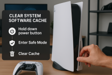 Das Bild zeigt eine PlayStation 5, während eine Hand den Power-Button an der Vorderseite berührt. Neben der Konsole sind Anweisungen auf einem dunklen Hintergrund sichtbar, die erläutern, wie man den Systemsoftware-Cache löscht. Die Schritte umfassen das Drücken und Halten des Power-Buttons, das Betreten des Safe Mode und das Löschen des Caches. Im Hintergrund ist ein dunkles Regal und eine weitere Spielkonsole oder Zubehör zu erkennen. Die gesamte Szene vermittelt einen modernen Gaming-Kontext.