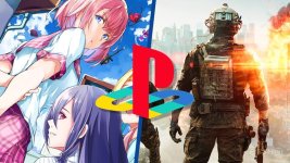 Das Bild zeigt eine dynamische Collage, die unterschiedlichste Charaktere und Szenen aus Videospielen kombiniert. Auf der linken Seite sind Anime-oder Cartoonfiguren in einem jugendlichen Stil abgebildet, während die rechte Seite actiongeladene Elemente mit einem militärischen Charakter präsentiert, die auf ein intensives Shooter-Spiel hindeuten. In der Mitte befindet sich das markante PlayStation-Logo, was darauf hinweist, dass beide Spielwelten Teil der PlayStation-Konsole sind. Die Bildkomposition vermittelt eine spannende Mischung aus Anime und Shooter-Action, die verschiedene Gaming-Genres repräsentiert.