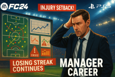 Das Bild zeigt einen besorgten Fußballmanager, der vor einem Taktikbrett steht. Auf dem Brett sind verschiedene Diagramme und strategische Zeichnungen zu sehen, die die aktuelle Spielsituation darstellen. Die Worte Injury Setback! und Losing Streak Continues sind prominent hervorgehoben, was die Herausforderungen verdeutlicht, mit denen der Manager konfrontiert ist. Der Hintergrund zeigt ein Stadion, das für eine spannende Atmosphäre sorgt. Der Manager, in Anzug und Krawatte gekleidet, scheint über die Leistung seines Teams und die aktuellen Schwierigkeiten nachzudenken.