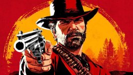 Das Bild zeigt eine stilisierte Darstellung eines Charakter aus einem Wild-West-Szenario. Der Mann trägt einen breiten Hut und hat einen markanten Bart. In seiner rechten Hand hält er eine Revolverpistole, die so ausgerichtet ist, als würde er auf etwas zielen. Der Hintergrund ist in kräftigen Rot- und Orangetönen gehalten, was eine dramatische Stimmung vermittelt und die Stimmung eines klassischen Westernfilms aufgreift. Der Charakter strahlt Entschlossenheit und Stärke aus, was für das Genre typisch ist.
