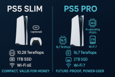 Das Bild vergleicht die PlayStation 5 Slim und die PlayStation 5 Pro in Form von Text und visuellen Elementen. Auf der linken Seite wird die Slim-Version vorgestellt, die kompakt, mit 10,28 Teraflops GPU-Leistung, einer 1 TB SSD und Wi-Fi 6 ausgestattet ist. Rechts wird die Pro-Version angezeigt, die mit einer höheren Leistung von 16,7 Teraflops, einer 2 TB SSD und Wi-Fi 7 glänzt. Beide Modelle haben separate Überschriften zur Beschreibung ihrer Eigenschaften. Die Slim wird als wertorientierte Option für den Mainstream hervorgehoben, während die Pro für Nutzer mit einem High-End-Setup konzipiert ist, die maximale Leistung und Features erwarten. Das Bild vergleicht die PlayStation 5 Slim und die PlayStation 5 Pro in Form von Text und visuellen Elementen. Auf der linken Seite wird die Slim-Version vorgestellt, die kompakt, mit 10,28 Teraflops GPU-Leistung, einer 1 TB SSD und Wi-Fi 6 ausgestattet ist. Rechts wird die Pro-Version angezeigt, die mit einer höheren Leistung von 16,7 Teraflops, einer 2 TB SSD und Wi-Fi 7 glänzt. Beide Modelle haben separate Überschriften zur Beschreibung ihrer Eigenschaften. Die Slim wird als wertorientierte Option für den Mainstream hervorgehoben, während die Pro für Nutzer mit einem High-End-Setup konzipiert ist, die maximale Leistung und Features erwarten.