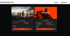 Das Bild zeigt die Vorbestellmöglichkeiten für das Spiel Battlefield 6 im PlayStation Store. Auf der linken Seite wird die Standard Edition für 69,99 Dollar angezeigt, inklusive einem Vorbesteller-Bonus namens Tombstone Pack. Auf der rechten Seite befindet sich die Phantom Edition, die für 99,99 Dollar erhältlich ist und zusätzliche Inhalte wie den Battlefield Pro Token und einen Phantom XP Boost Set bietet. Beide Editionen sind für die PS5 konzipiert und der Button zum Vorbestellen ist klar sichtbar. Der Hintergrund zeigt actionreiche Grafiken aus dem Spiel, was die Spannung rund um den Release erhöht. Das Bild zeigt die Vorbestellmöglichkeiten für das Spiel Battlefield 6 im PlayStation Store. Auf der linken Seite wird die Standard Edition für 69,99 Dollar angezeigt, inklusive einem Vorbesteller-Bonus namens Tombstone Pack. Auf der rechten Seite befindet sich die Phantom Edition, die für 99,99 Dollar erhältlich ist und zusätzliche Inhalte wie den Battlefield Pro Token und einen Phantom XP Boost Set bietet. Beide Editionen sind für die PS5 konzipiert und der Button zum Vorbestellen ist klar sichtbar. Der Hintergrund zeigt actionreiche Grafiken aus dem Spiel, was die Spannung rund um den Release erhöht.