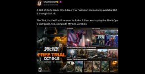 Das Bild zeigt eine Ankündigung zu einem kostenlosen Testzeitraum für das Spiel Call of Duty: Black Ops 6. Der Zeitraum ist vom 9. bis 16. Oktober und ermöglicht den Spielern, sowohl die Einzelspieler-Kampagne als auch die Multiplayer-Modi und Zombie-Modi zu testen. Die Ankündigung enthält Grafiken mit verschiedenen Spielmodi, und die Informationen sind grafisch ansprechend aufbereitet. Es wird betont, dass dies das erste Mal ist, dass die Kampagne im Rahmen eines kostenlosen Trials zur Verfügung steht. Das Bild zeigt eine Ankündigung zu einem kostenlosen Testzeitraum für das Spiel Call of Duty: Black Ops 6. Der Zeitraum ist vom 9. bis 16. Oktober und ermöglicht den Spielern, sowohl die Einzelspieler-Kampagne als auch die Multiplayer-Modi und Zombie-Modi zu testen. Die Ankündigung enthält Grafiken mit verschiedenen Spielmodi, und die Informationen sind grafisch ansprechend aufbereitet. Es wird betont, dass dies das erste Mal ist, dass die Kampagne im Rahmen eines kostenlosen Trials zur Verfügung steht.