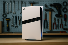 Das Bild zeigt eine PlayStation-Konsole, die auf einem Tisch steht. Im Hintergrund sind verschiedene Werkzeuge und Ausstattungen in einem Werkstattumfeld zu sehen. Die Konsole hat ein modernes und elegantes Design, mit einer hellen Oberfläche und schwarzen Linien. Die Beleuchtung sorgt für einen effektvollen Kontrast mit dem dunkleren Hintergrund und hebt die Konturen der Konsole hervor. Die gesamte Anordnung vermittelt einen Eindruck von Technik und Innovation, passend zum Thema der bevorstehenden Konsolengeneration.