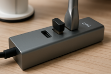Das Bild zeigt einen USB-Hub in einem modernen Design, der auf einem blauen, gemusterten Tisch platziert ist. Der Hub hat mehrere Anschlüsse, darunter einen USB-Port sowie einen Schalter. Im Hintergrund sind vage weitere Gegenstände zu erkennen, die dem Setup eine technische Atmosphäre verleihen. Die Gesamtaufnahme vermittelt den Eindruck eines gut organisierten und technologisch orientierten Raumes, der für Gaming oder Computerarbeiten genutzt wird. Das Bild zeigt einen USB-Hub in einem modernen Design, der auf einem blauen, gemusterten Tisch platziert ist. Der Hub hat mehrere Anschlüsse, darunter einen USB-Port sowie einen Schalter. Im Hintergrund sind vage weitere Gegenstände zu erkennen, die dem Setup eine technische Atmosphäre verleihen. Die Gesamtaufnahme vermittelt den Eindruck eines gut organisierten und technologisch orientierten Raumes, der für Gaming oder Computerarbeiten genutzt wird.