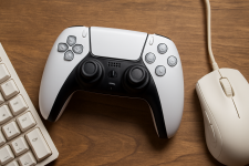 Das Bild zeigt einen weißen PlayStation 5 Controller, der auf einem Tisch platziert ist. Neben dem Controller liegt eine Computer-Tastatur, die in einem minimalistischen Design gehalten ist. Außerdem ist eine Computer-Maus sichtbar, die ebenfalls auf dem Tisch steht. Die Anordnung vermittelt einen modernen Look, der die Kombination von Gaming und PC-Steuerung hervorhebt. Die Farben und das Design sind schlicht, was zur Ästhetik eines Gaming-Setups beiträgt. Das Bild zeigt einen weißen PlayStation 5 Controller, der auf einem Tisch platziert ist. Neben dem Controller liegt eine Computer-Tastatur, die in einem minimalistischen Design gehalten ist. Außerdem ist eine Computer-Maus sichtbar, die ebenfalls auf dem Tisch steht. Die Anordnung vermittelt einen modernen Look, der die Kombination von Gaming und PC-Steuerung hervorhebt. Die Farben und das Design sind schlicht, was zur Ästhetik eines Gaming-Setups beiträgt.