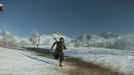 Das Bild zeigt eine schneebedeckte Landschaft, in der ein charakteristisch gekleideter Kämpfer auf einem schmalen Weg läuft. Der Kämpfer trägt eine dunkle, detaillierte Rüstung und hat eine Maske, die sein Gesicht teilweise verbirgt. Er hält eine Waffe in der Hand, während im Hintergrund majestätische Berge und gebüschte Bäume zu sehen sind. Der Himmel ist klar und blau, was eine ruhige und friedliche Atmosphäre vermittelt, während die Szene gleichzeitig auf Action und Abenteuer hinweist. Das Bild zeigt eine schneebedeckte Landschaft, in der ein charakteristisch gekleideter Kämpfer auf einem schmalen Weg läuft. Der Kämpfer trägt eine dunkle, detaillierte Rüstung und hat eine Maske, die sein Gesicht teilweise verbirgt. Er hält eine Waffe in der Hand, während im Hintergrund majestätische Berge und gebüschte Bäume zu sehen sind. Der Himmel ist klar und blau, was eine ruhige und friedliche Atmosphäre vermittelt, während die Szene gleichzeitig auf Action und Abenteuer hinweist.