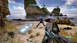 Das Bild zeigt eine Szene aus einem Videospiel, das eine futuristische Kriegslandschaft darstellt. Im Vordergrund ist ein Charakter in einer blau glänzenden Rüstung zu sehen, der eine Waffe zielt. Der Hintergrund zeigt einen malerischen Strand mit großen Felsen und einer sanften Küstenlinie, dazu eine bewölkte, aber helle Himmelsszenerie. Es vermittelt eine Mischung aus Action und einer eindrucksvollen, natürlichen Umgebung, typisch für die Atmosphäre von Science-Fiction-Spielen. Das Bild zeigt eine Szene aus einem Videospiel, das eine futuristische Kriegslandschaft darstellt. Im Vordergrund ist ein Charakter in einer blau glänzenden Rüstung zu sehen, der eine Waffe zielt. Der Hintergrund zeigt einen malerischen Strand mit großen Felsen und einer sanften Küstenlinie, dazu eine bewölkte, aber helle Himmelsszenerie. Es vermittelt eine Mischung aus Action und einer eindrucksvollen, natürlichen Umgebung, typisch für die Atmosphäre von Science-Fiction-Spielen.